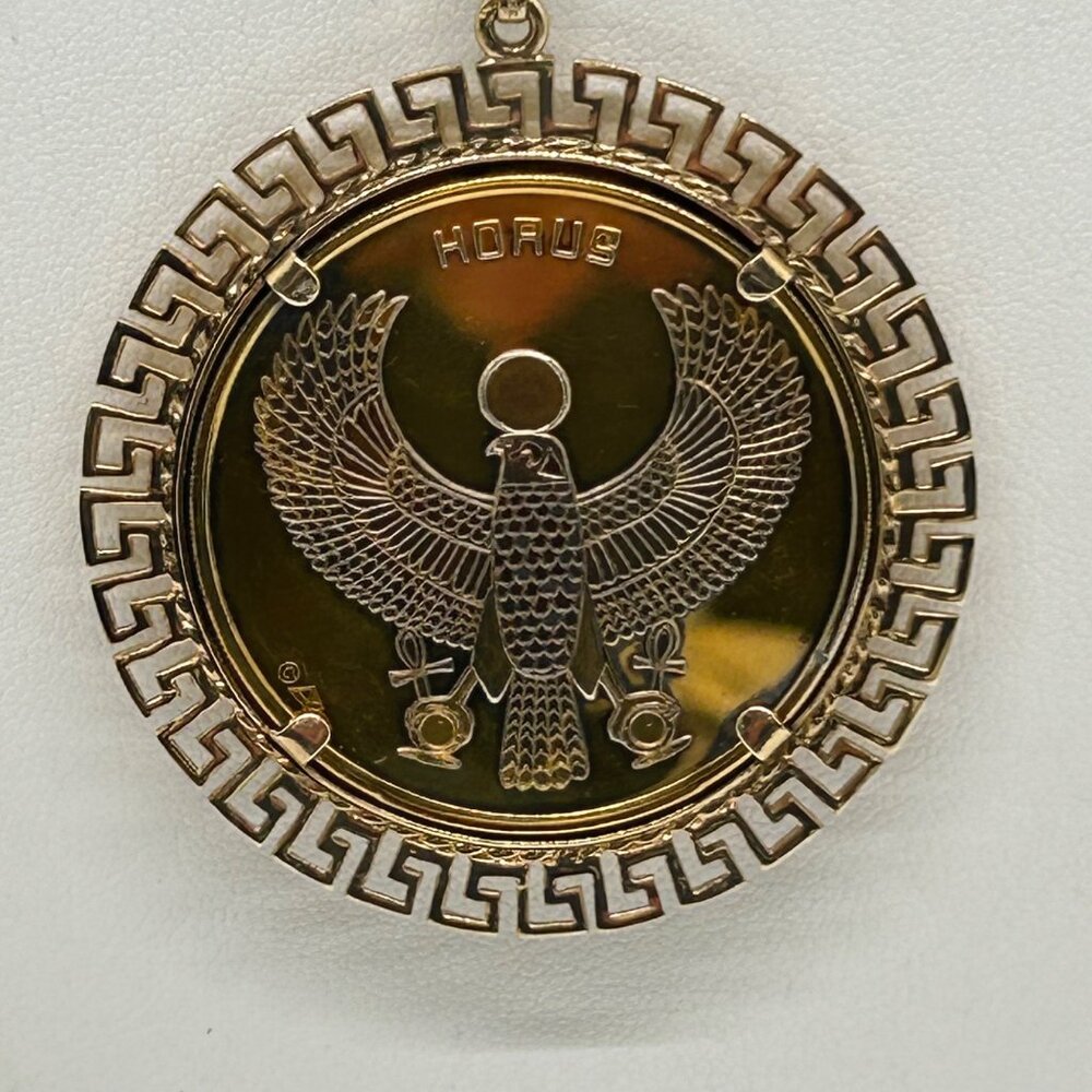 Tutankhamun Gold-tone Coin Pendant Necklace Egyptian Symbols & Greek Key Border - Picture 7 of 14